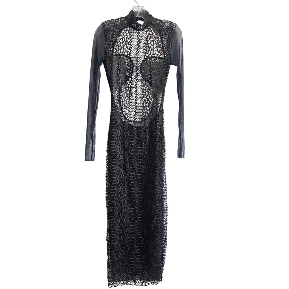 God Save Queens S Lace Mesh Maxi Dress Womens Black Gold Excellent Open Back